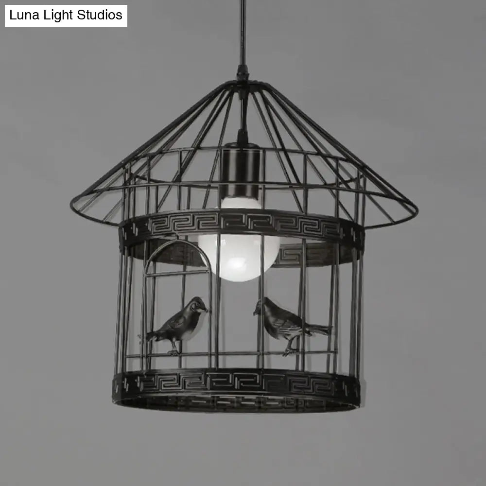 Rustic Birdcage Pendant Light With Bird Decoration - Black Metal 1 Head