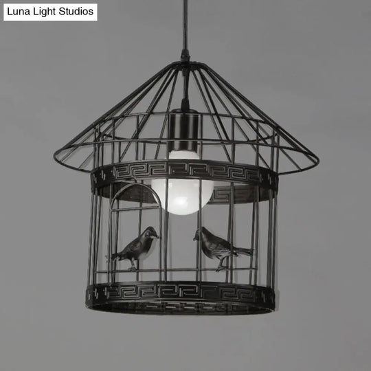 Rustic Birdcage Pendant Light With Bird Decoration - Black Metal 1 Head