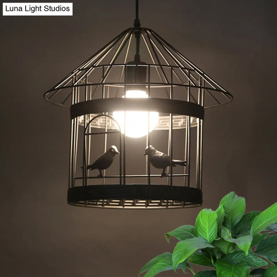 Rustic Birdcage Pendant Light With Bird Decoration - Black Metal 1 Head