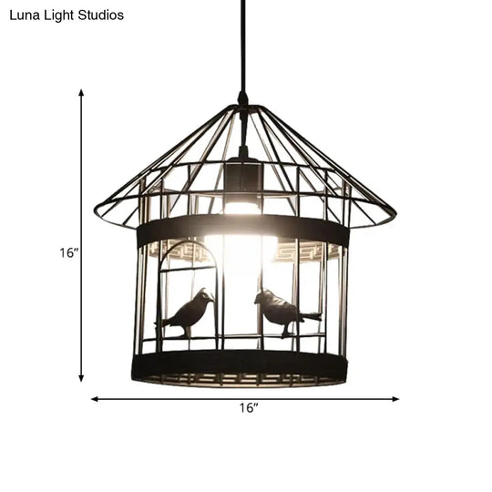 Rustic Birdcage Pendant Light With Bird Decoration - Black Metal 1 Head