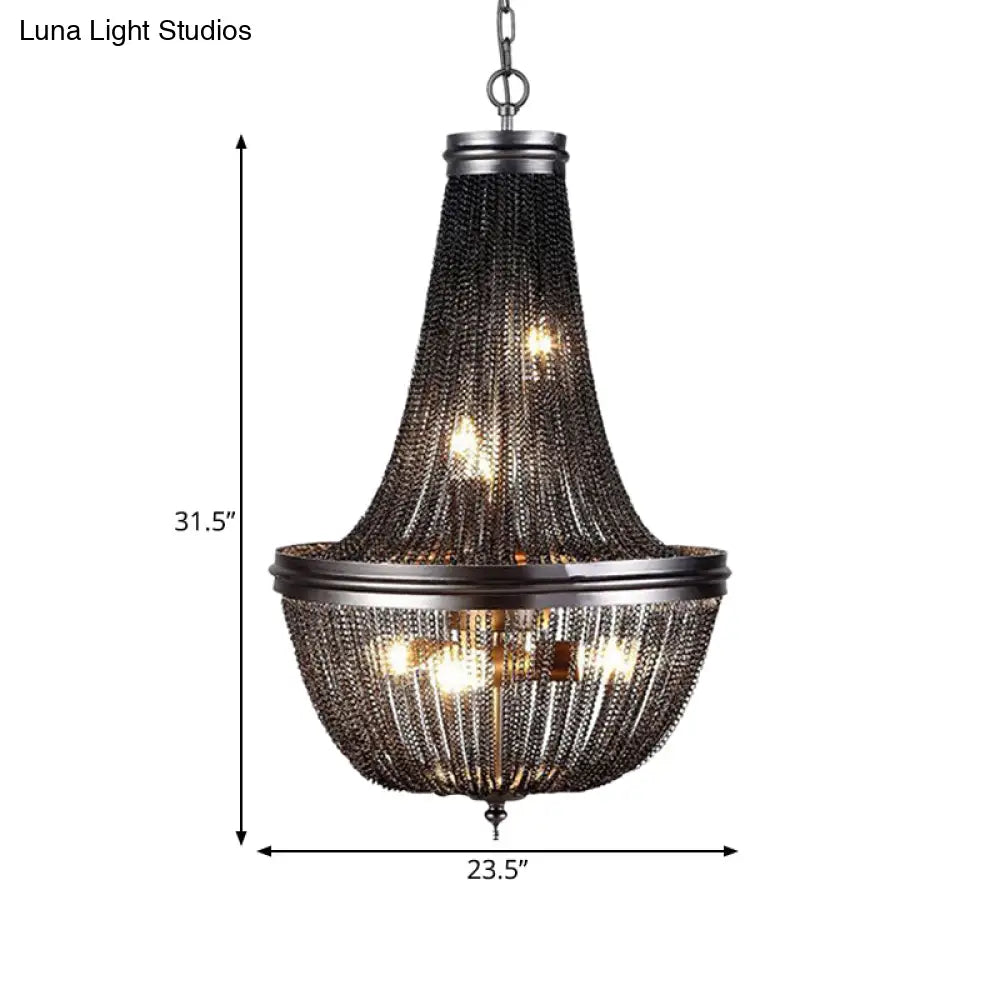 Rustic Black Chain Fringe Chandelier With 6 Lights For Living Room - Rural Metallic Pendant Lighting
