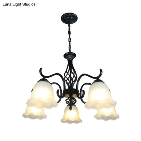 Rustic Black Chandelier Ceiling Light With Cream Glass Bell Shades For Bedroom