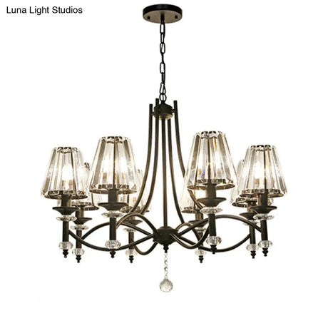 Rustic Black Conical Hanging Lamp With Faceted Clear Crystal Prisms - Bedroom Chandelier