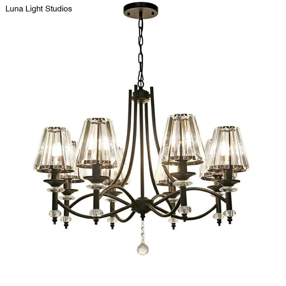 Rustic Black Conical Hanging Lamp With Faceted Clear Crystal Prisms - Bedroom Chandelier