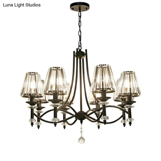 Rustic Black Conical Hanging Lamp With Faceted Clear Crystal Prisms - Bedroom Chandelier