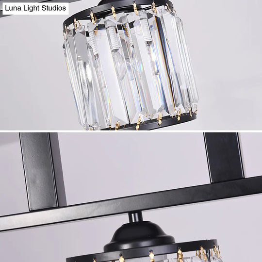 Rustic Black Cylindrical Island Pendant With 3 Lights & Prismatic Crystal Ideal For Tables