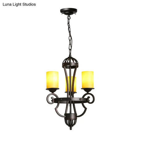 Rustic Black Dining Room Chandelier With Yellow Cylinder Glass Shade - 3-Lights Hanging Fixture