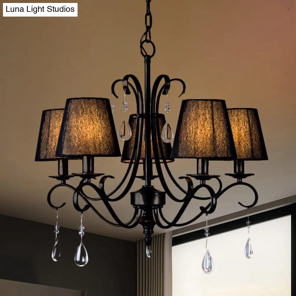Rustic Black Fabric Suspension Pendant Chandelier With Swirl Arm Crystal Drops - 5 Lights For Living