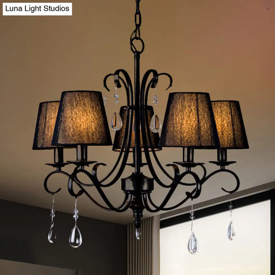 Rustic Black Fabric Suspension Pendant Chandelier With Swirl Arm Crystal Drops - 5 Lights For Living