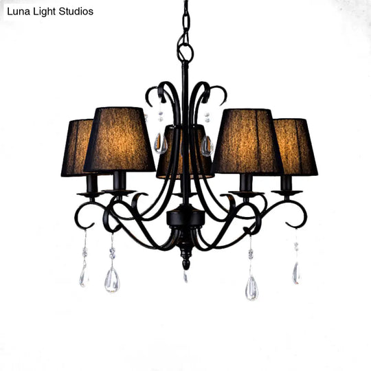 Rustic Black Fabric Suspension Pendant Chandelier With Swirl Arm Crystal Drops - 5 Lights For Living