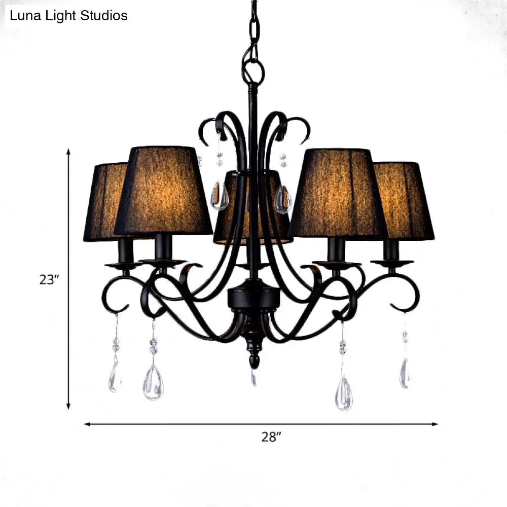 Rustic Black Fabric Suspension Pendant Chandelier With Swirl Arm Crystal Drops - 5 Lights For Living