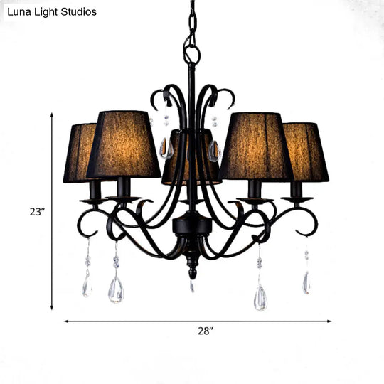 Rustic Black Fabric Suspension Pendant Chandelier With Swirl Arm Crystal Drops - 5 Lights For Living