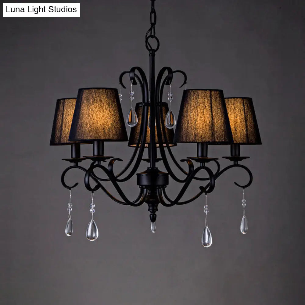 Rustic Black Fabric Suspension Pendant Chandelier With Swirl Arm Crystal Drops - 5 Lights For Living
