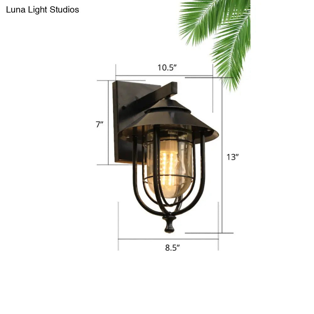 Rustic Black Glass Caged Outdoor Wall Sconce Light - Mounted 1 Bulb