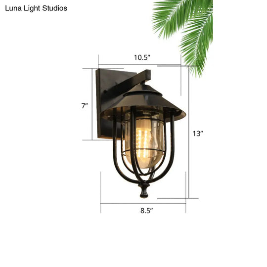 Rustic Black Glass Caged Outdoor Wall Sconce Light - Mounted 1 Bulb