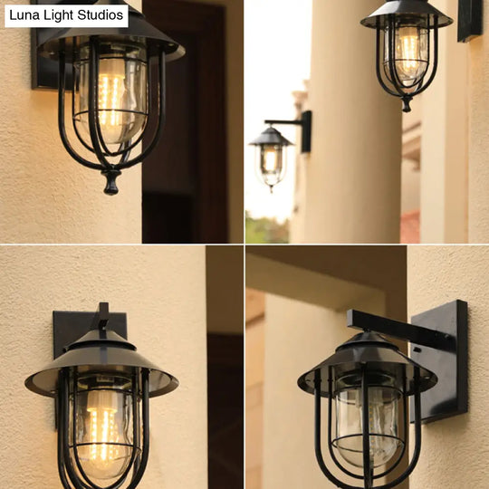 Rustic Black Glass Caged Outdoor Wall Sconce Light - Mounted 1 Bulb