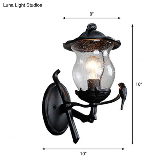 Rustic Black Gourd Shaped Garden Wall Lamp - 1-Light Seedy Glass Lantern Sconce With Charming Bird