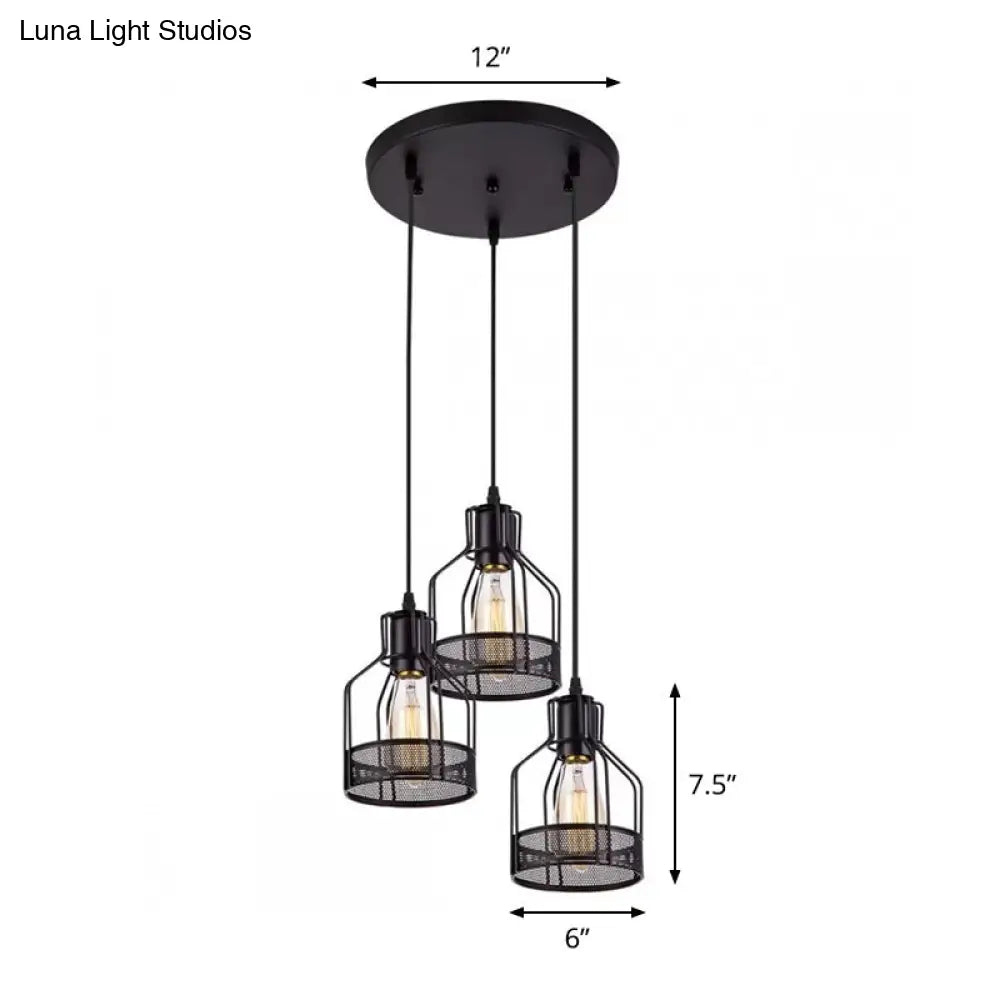 Rustic Black Iron Multi-Pendant Hanging Light With 3 Lights - Ideal For Dining Room Decor