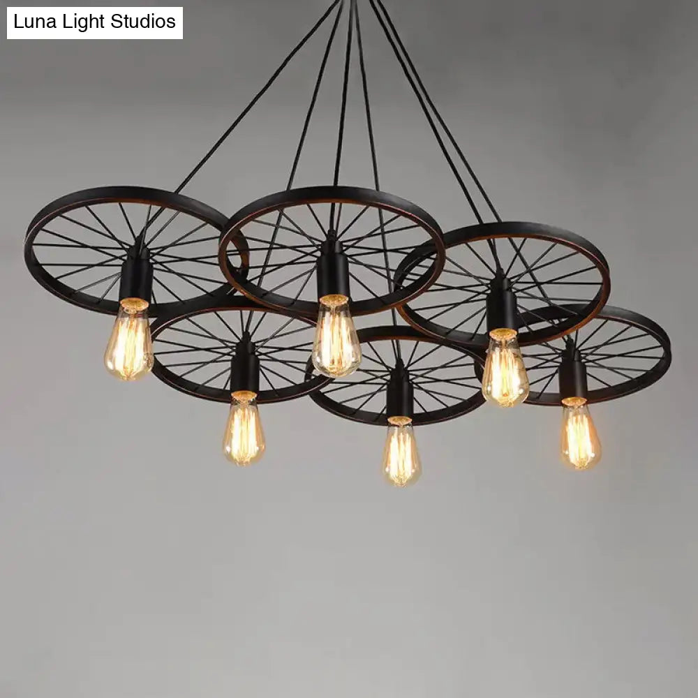Rustic Iron Black Wheel Chandelier Ceiling Light - 3/6 Bulbs Living Room