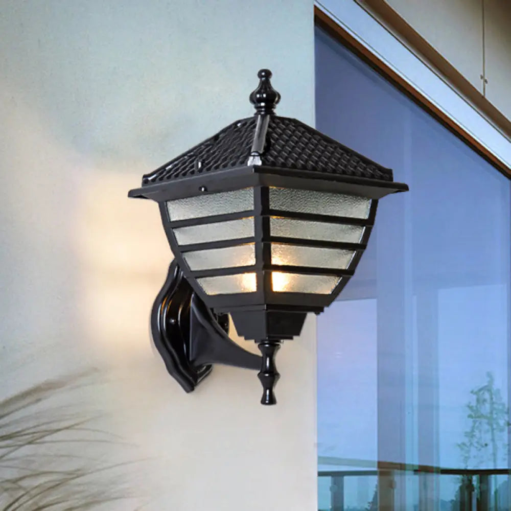 Rustic Black Lantern Wall Sconce With Frosted Glass - Single Bulb Mounted Lamp