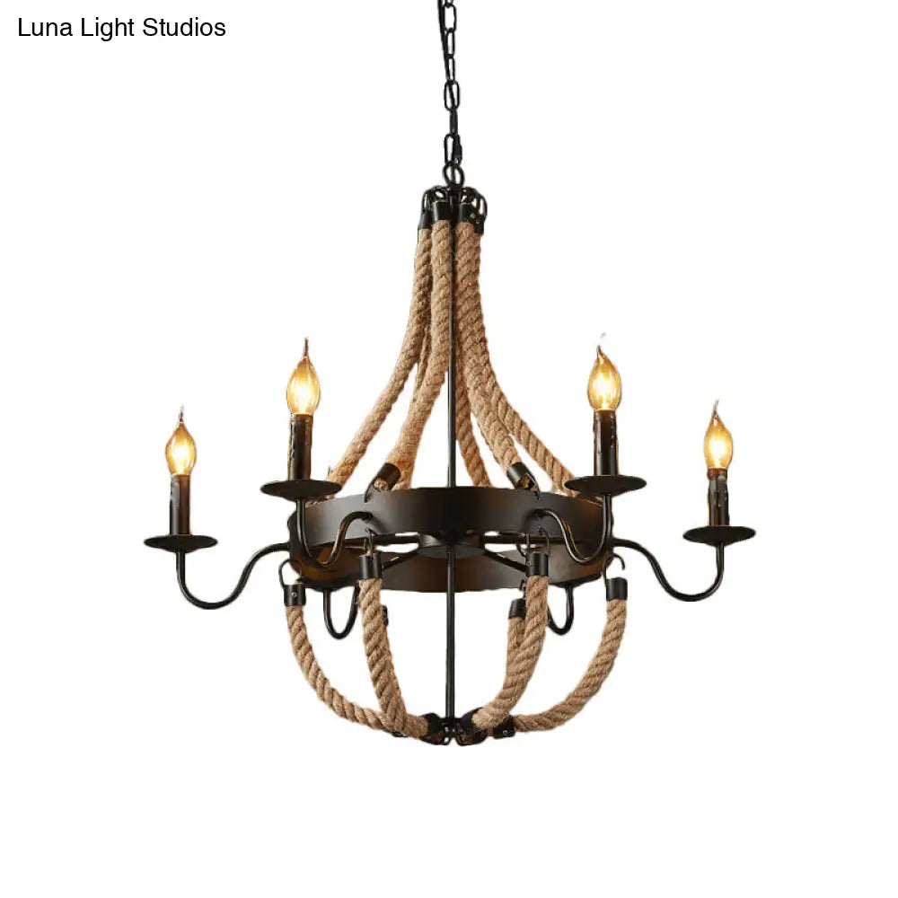 Rustic Black Metal Candelabra Pendant Chandelier - 6-Light Rope Hanging Ceiling Light With