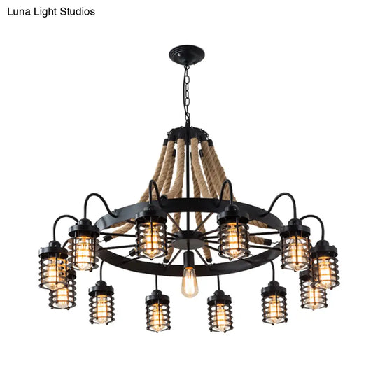 Rustic Black Metal Chandelier With 7/9 Cylinder Cage Heads And Rope Suspension