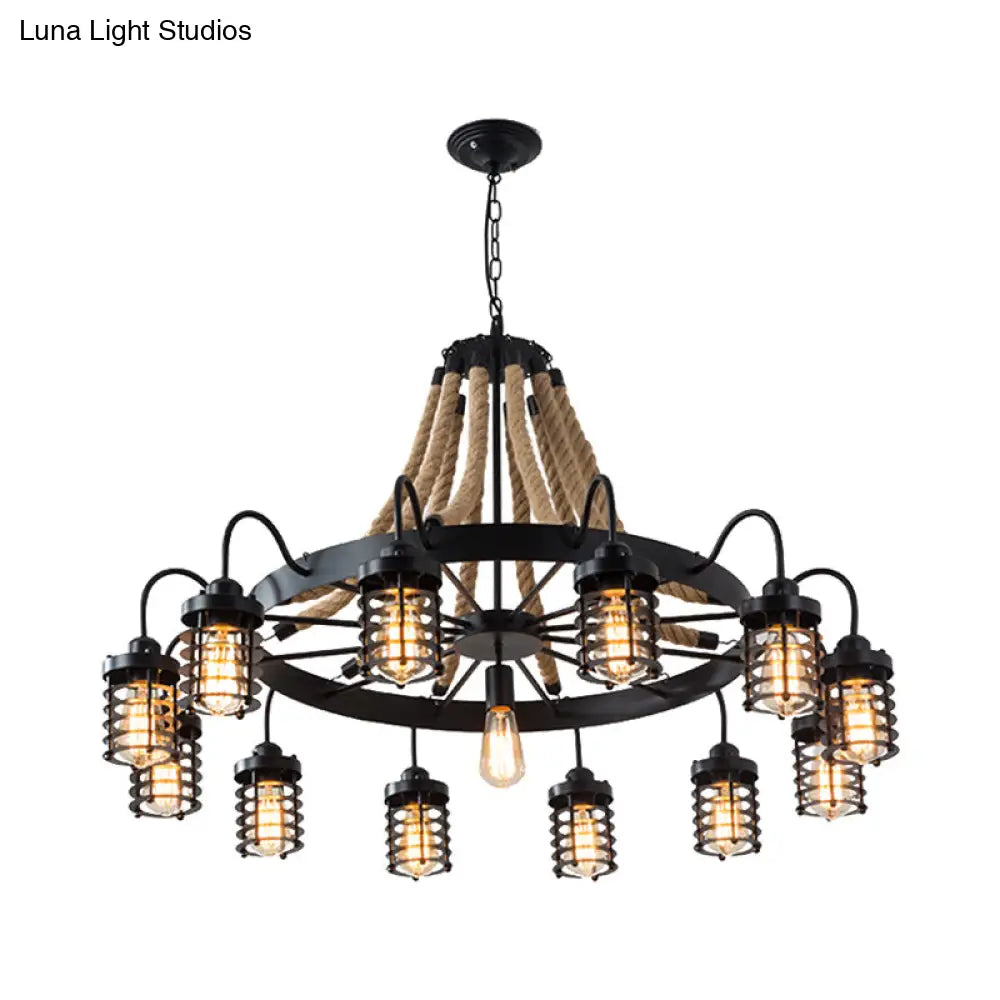 Vintage Black Metal Cage Chandelier With Rope Suspension - 7/9 Heads | Wagon Wheel Design