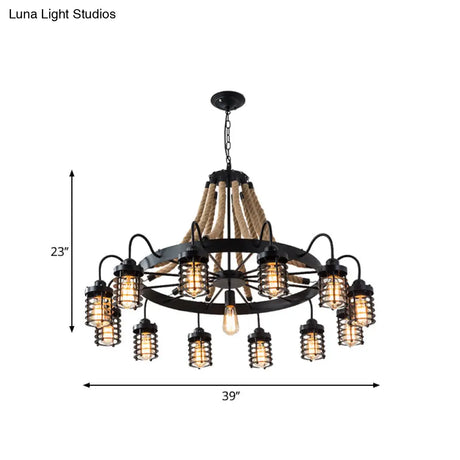Rustic Black Metal Chandelier With 7/9 Cylinder Cage Heads And Rope Suspension