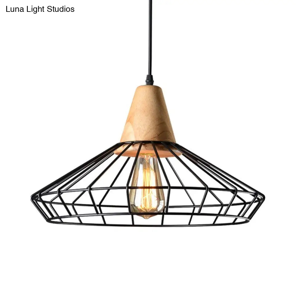 Rustic Black Metal Pendant Light With Caged Design - Wooden Socket Commercial-Grade Hanging Fixture