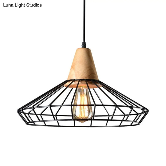 Rustic Black Metal Pendant Light With Caged Design - Wooden Socket Commercial-Grade Hanging Fixture