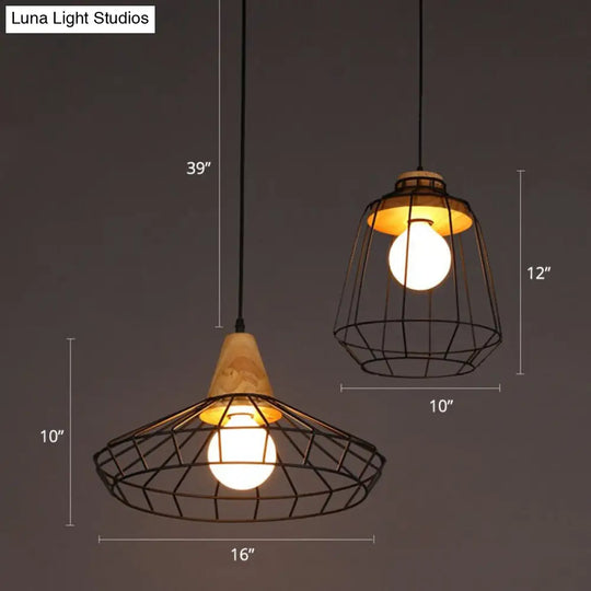 Rustic Black Metal Pendant Light With Caged Design - Wooden Socket Commercial-Grade Hanging Fixture