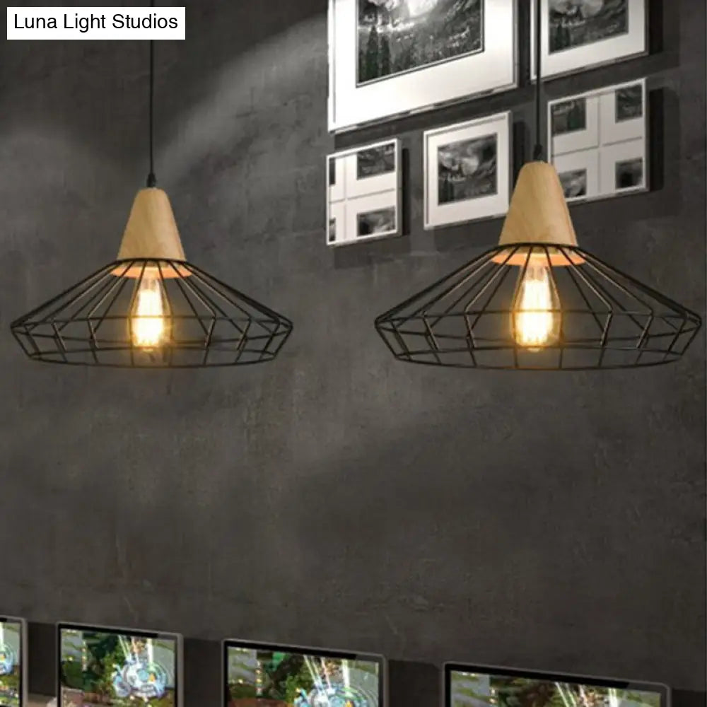Rustic Black Metal Pendant Light With Caged Design - Wooden Socket Commercial-Grade Hanging Fixture