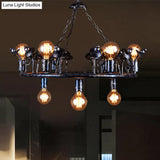 Rustic Black Metal Round Chandelier Pendant Light With Multiple Open Bulbs