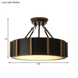 Rustic Black Metallic Led Semi Flush Drum Light Fixture With Warm Glow Close To Ceiling