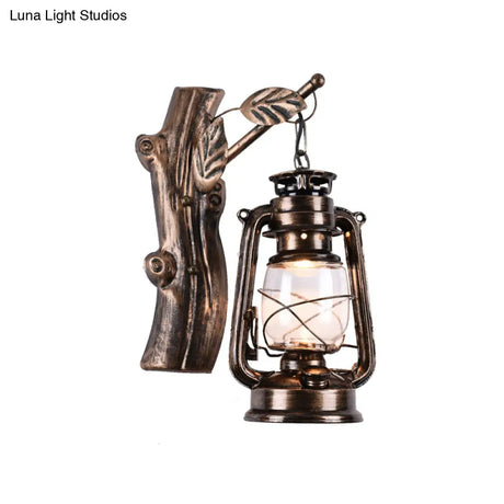 Rustic Black Oil Lantern Wall Sconce - Clear Glass 1 Head For Corridor Lighting