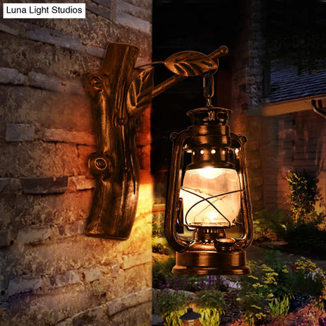 Rustic Black Oil Lantern Wall Sconce - Clear Glass 1 Head For Corridor Lighting