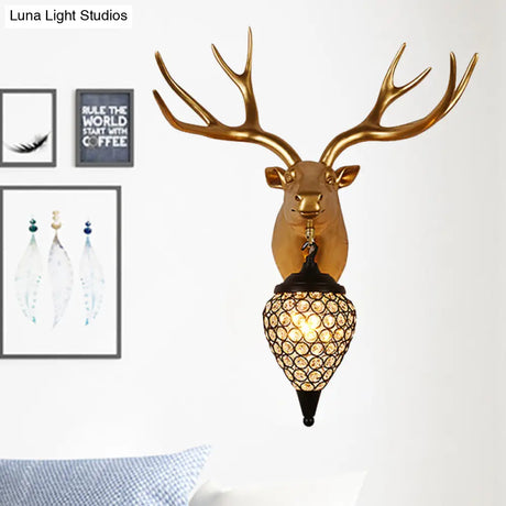 Rustic Black Raindrop Wall Mounted Crystal Lamp With Horse/Deer Head - Bedside Sconce