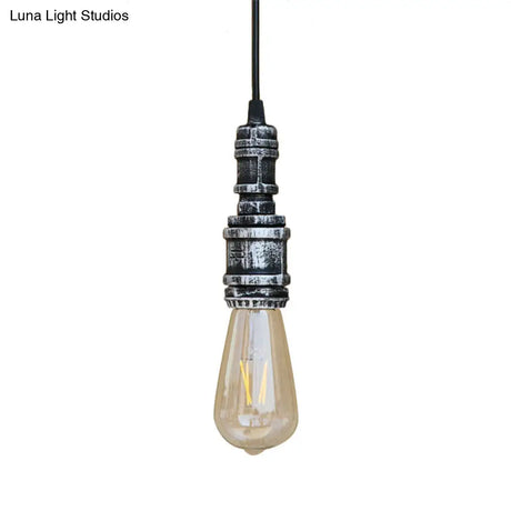 Rustic Black/Silver Wrought Iron Bare Bulb Hanging Light Fixture With Pipe - Bathroom Ceiling