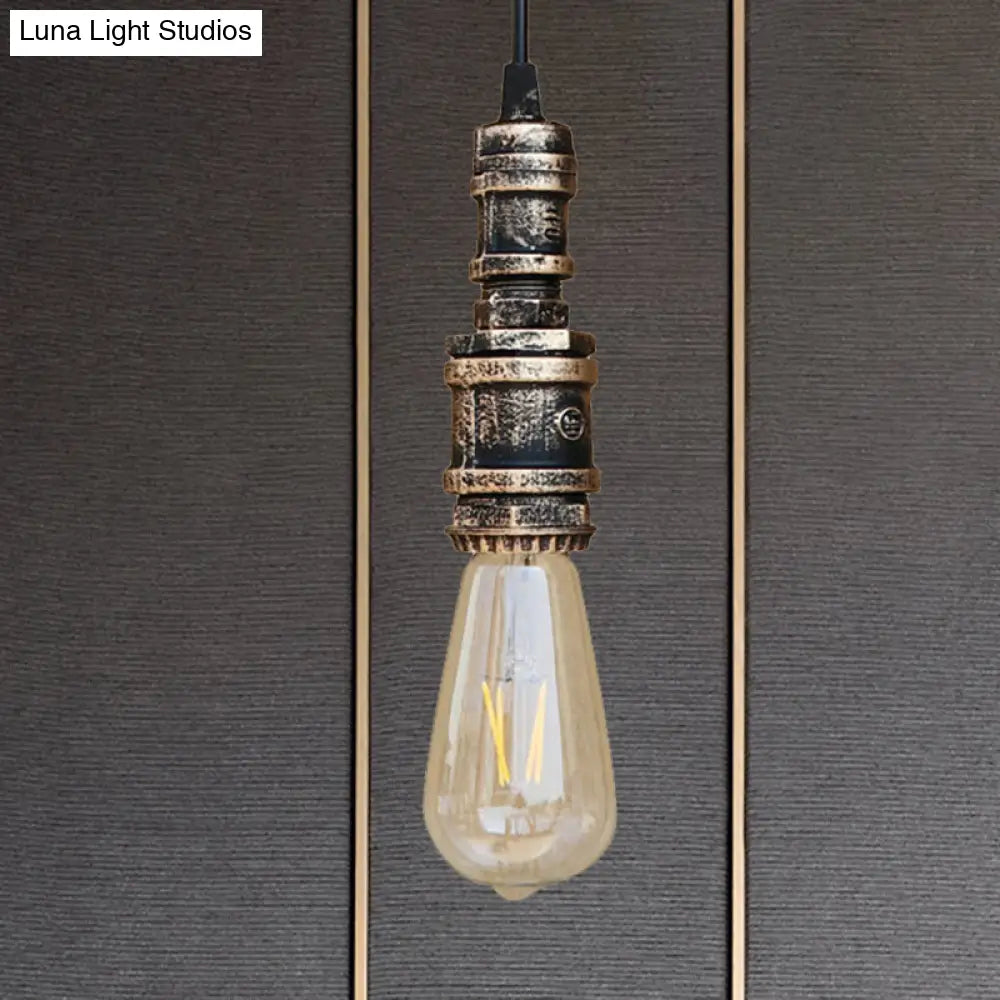 Rustic Black/Silver Wrought Iron Bare Bulb Hanging Light Fixture With Pipe - Bathroom Ceiling