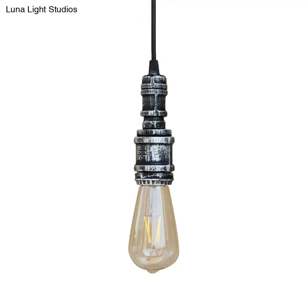 Rustic Black/Silver Wrought Iron Bare Bulb Hanging Light Fixture With Pipe - Bathroom Ceiling