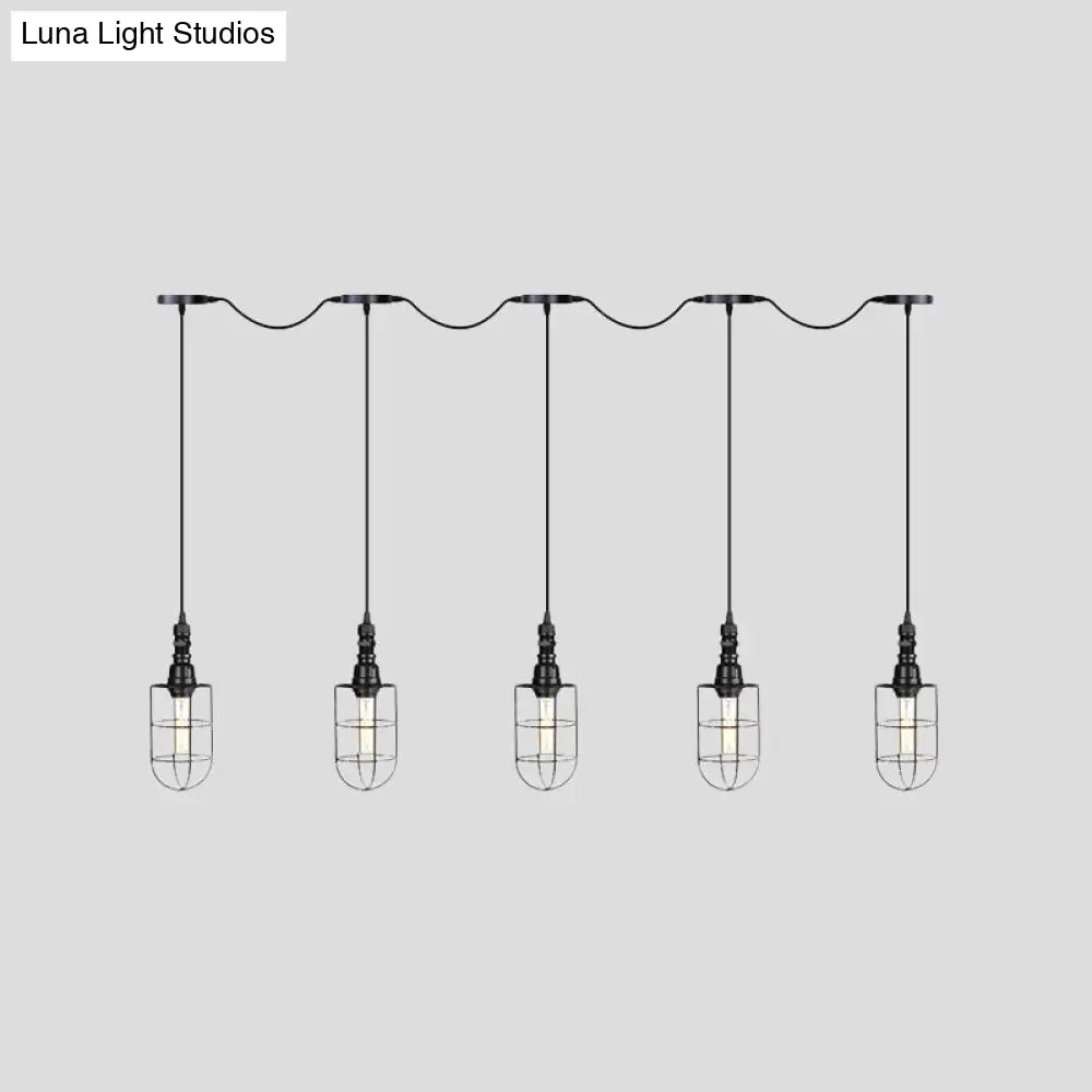3/5/7-Head Iron Tandem Ceiling Light In Rustic Black Finish With Wire Cage - Perfect For Restaurants