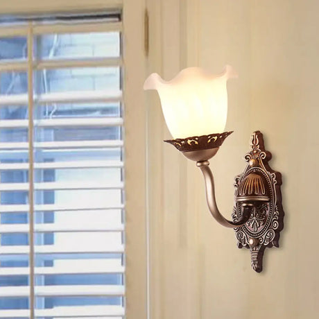 Rustic Blossom Wall Lamp With Opaline Glass Mount - Brown Ideal For Living Room 1 /