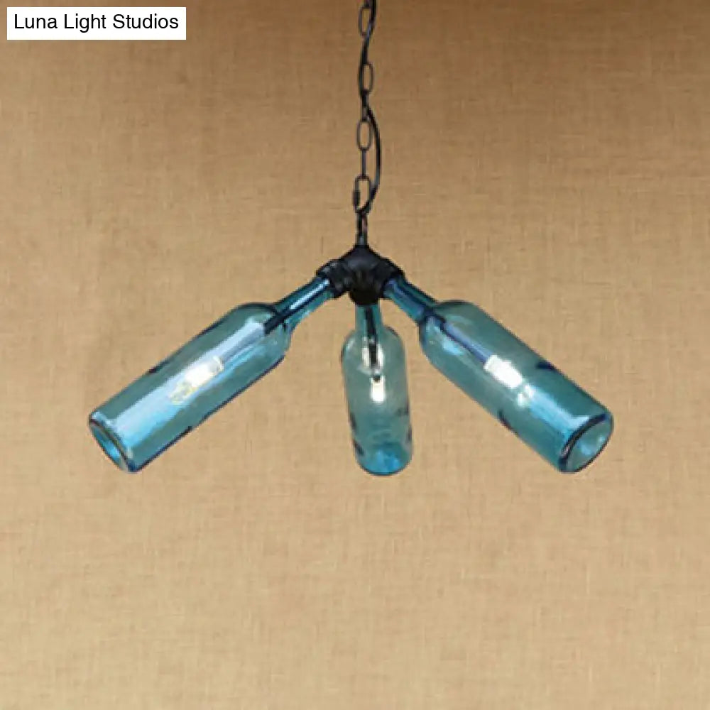 Rustic Blue/Clear Glass Pendant Light Fixture With Chain For Restaurants - 3 Bulbs Bottle Chandelier