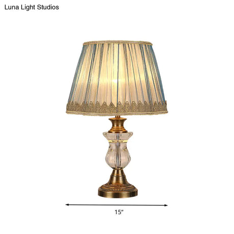 Rustic Blue Fabric Nightstand Light With Crystal Accent For Bedroom