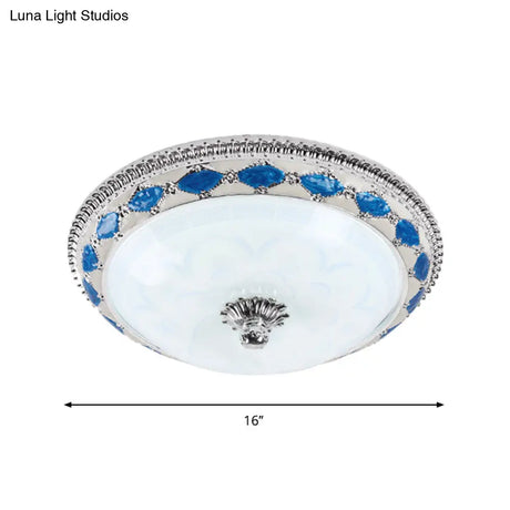 Rustic Blue Led Glass Dome Bedroom Flushmount Light Fixture With Crystal Accent 12’/16’/19.5’ Wide
