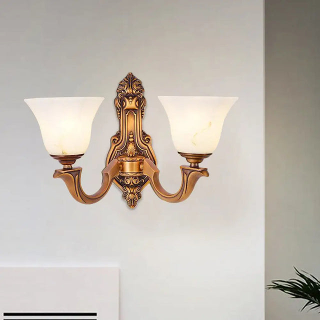 Rustic Brass Bedroom Wall Sconce With Frosted Glass Shade - 2 Light Bell Lamp