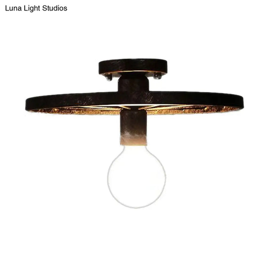 Rustic Brass Finish Semi-Flush Mount Ceiling Light Fixture With Antique Metal Design - 1 Head