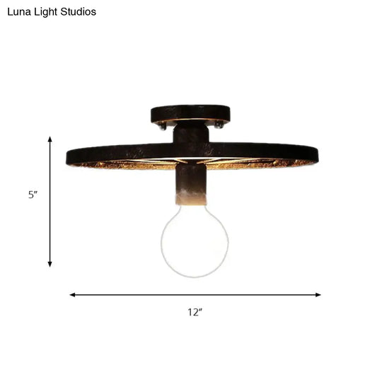 Rustic Brass Finish Semi-Flush Mount Ceiling Light Fixture With Antique Metal Design - 1 Head