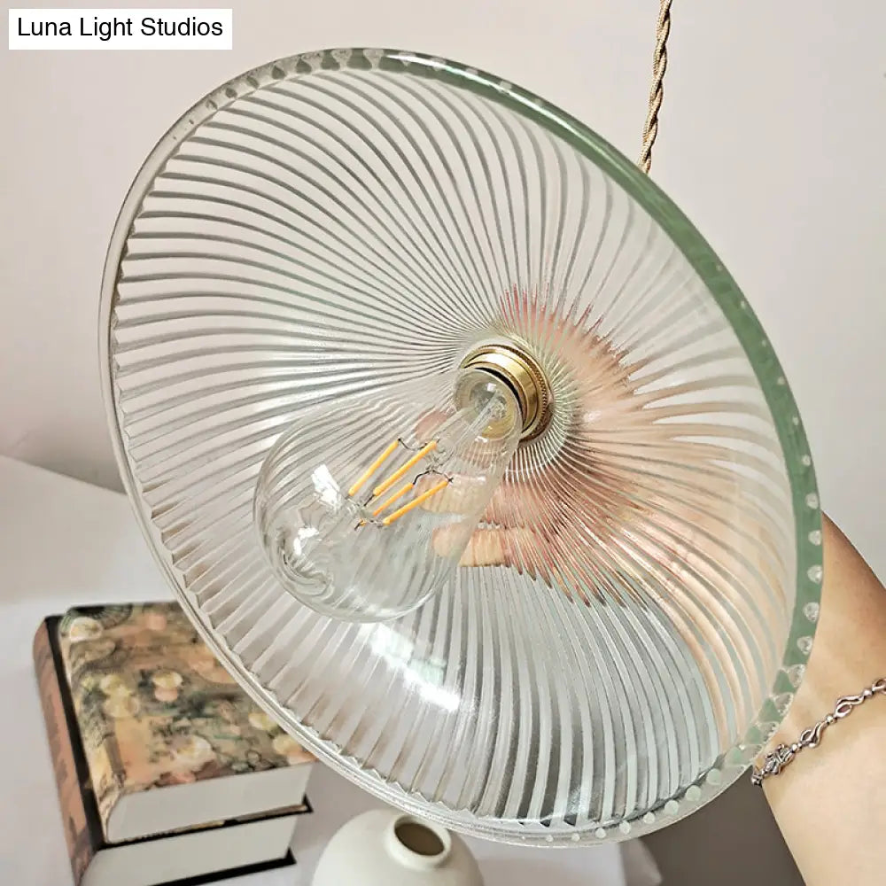 Rustic Brass Pendant Light Fixture With Clear Ribbed Glass Bowl