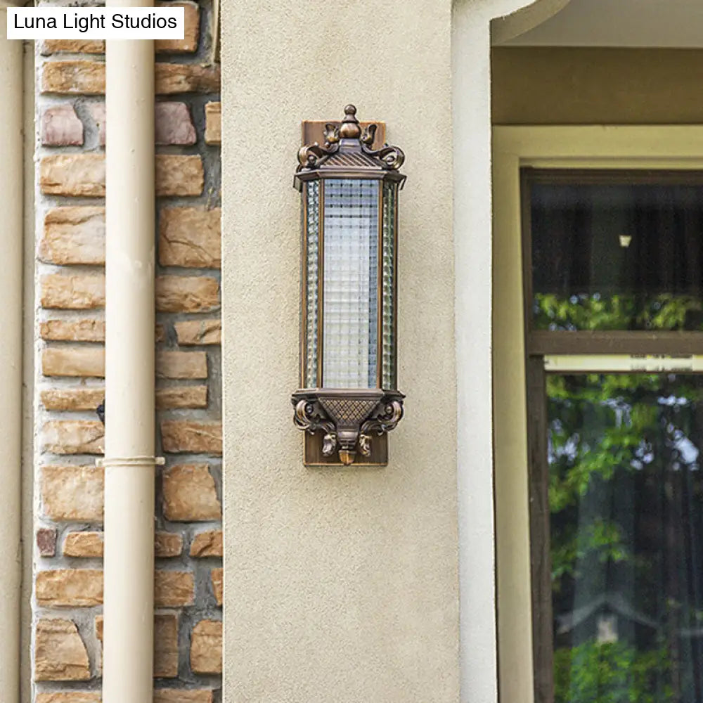 Rustic Brass Rectangle Wall Sconce Light With Clear Gridded Glass - Single Outdoor Small/Large